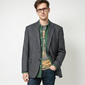 Chaps Blazer Blue Gray Herringbone Wool Elbow Patches Indie Academia 46R